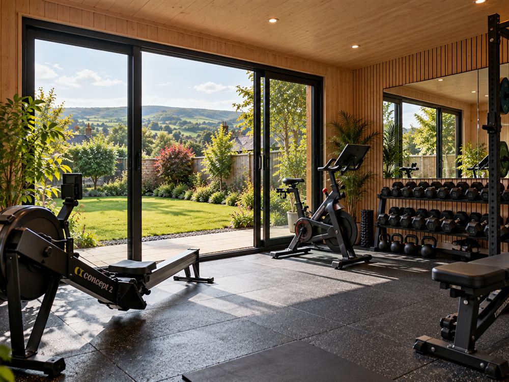 Garden room fitted out as a home gym