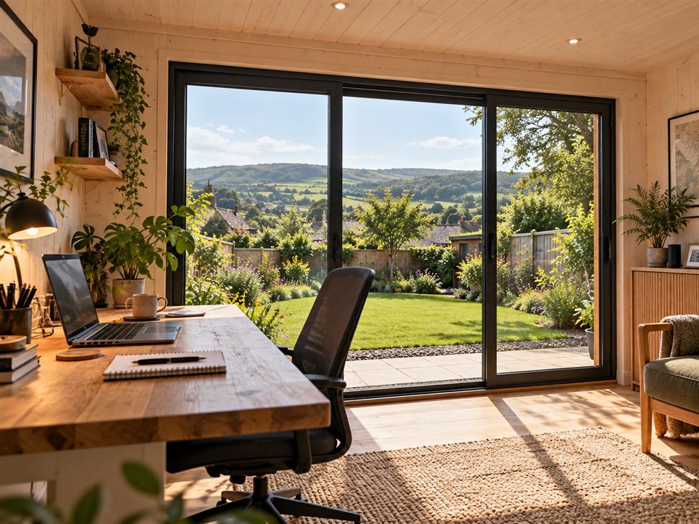 Inside a garden office with a desk facing the garden