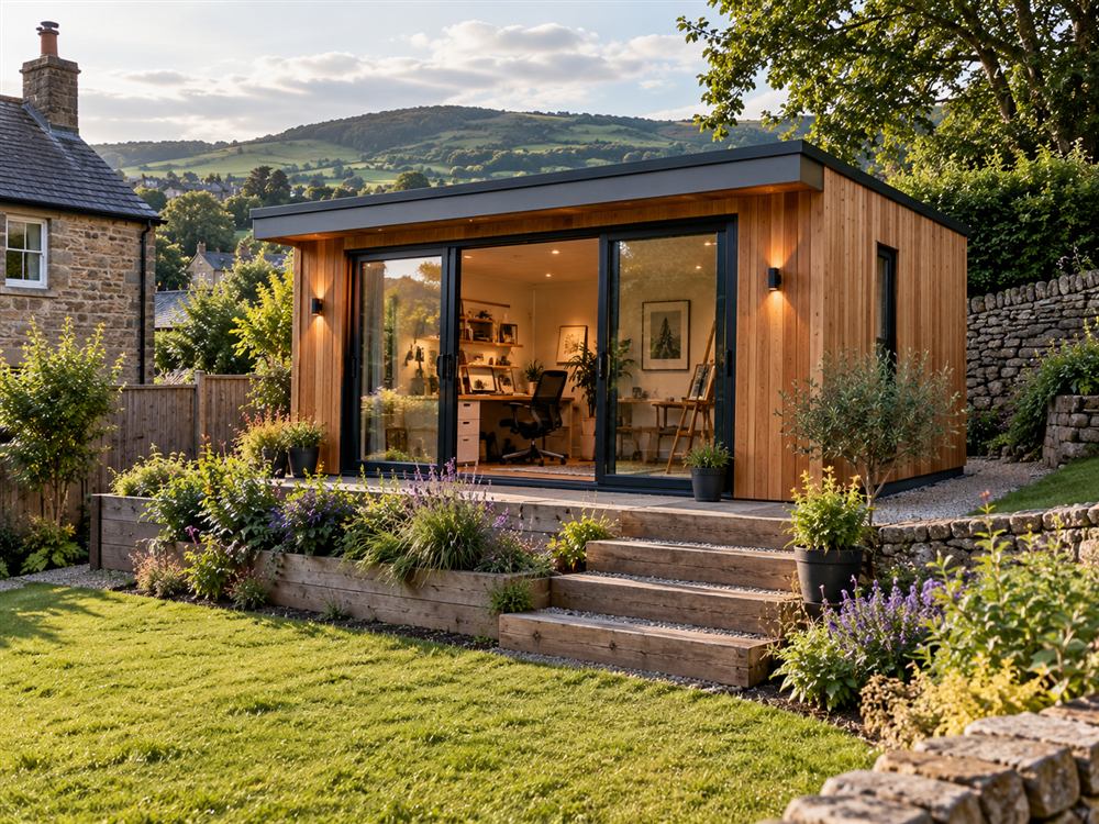 Cedar garden studio on a levelled base in a sloping garden