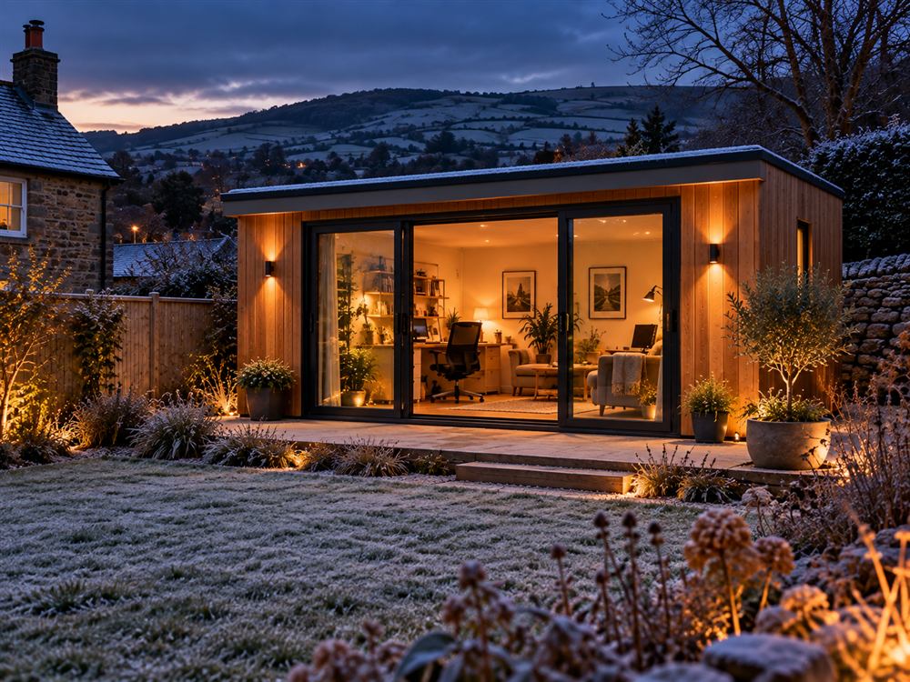 Garden room glowing warmly on a frosty evening